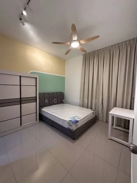 Bedroom features: queen-size bed, upholstered headboard, ceiling fan with light, curtains, built-in wardrobe with sliding doors, white walls, tile flooring, nightstand; style: modern.