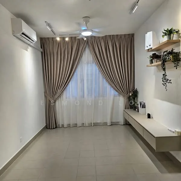 Living features: white painted walls, light grey tiled flooring, 5-blade ceiling fan with light, floor-to-ceiling window with sheer curtains, curtains in beige, wall-mounted shelf with plants, built-in wall cabinet, air conditioning unit; style: modern.