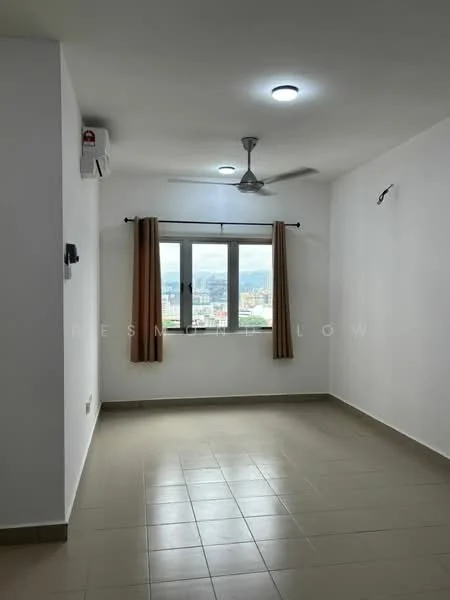 Room features: white painted walls, tile flooring, ceiling fan, recessed LED downlights, window with city view, curtains, wall-mounted air conditioning unit; style: modern; view: city.