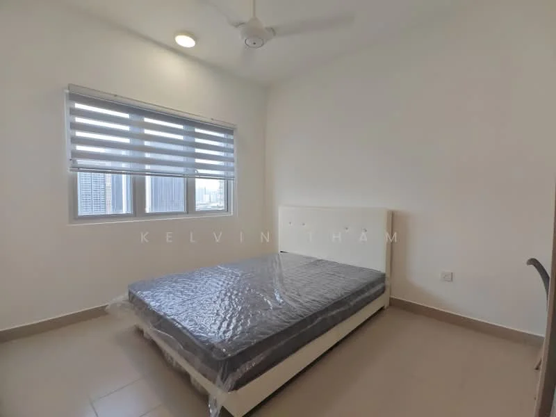 Bedroom features: queen-size bed with mattress, white upholstered bed frame, light grey wall paint, ceiling fan, window with horizontal blinds, tile flooring, built-in wardrobe, wall-mounted light fixture; style: modern; view: city.