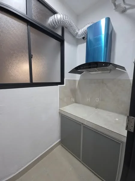 Room features: grey cabinetry, white countertop, exhaust hood with metallic finish, window with black frame, white painted walls, tile flooring, ventilation duct, frosted glass window; style: modern.