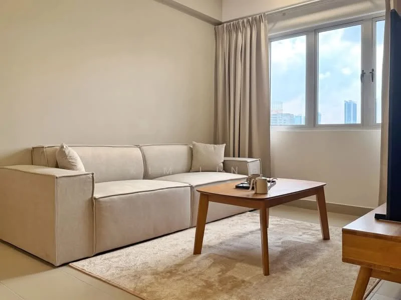 Living features: 3-seater fabric sofa in beige, wooden coffee table, area rug, floor-to-ceiling windows, curtains, light-colored walls, neutral-colored flooring, decorative throw pillow; style: modern; view: city.