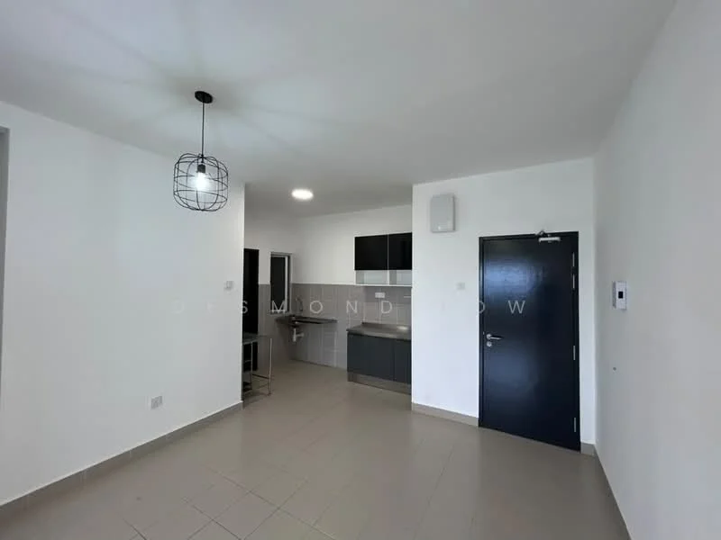 Room features: white painted walls, grey tiled flooring, recessed downlights, black door, open layout, kitchen area with grey cabinetry, stainless-steel sink, built-in oven, microwave, kitchen countertop, pendant light fixture; style: modern.