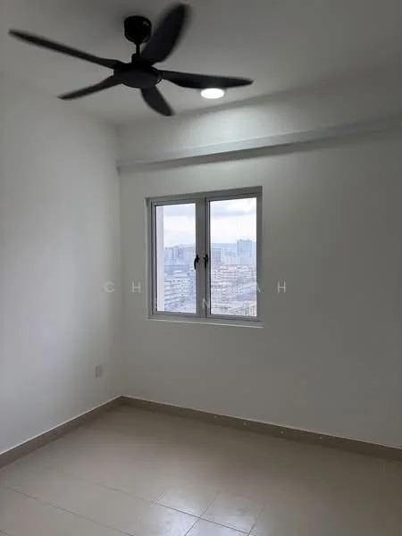 Room features: white painted walls, ceiling fan, window with city view, tile flooring, recessed ceiling light; style: modern; view: city.