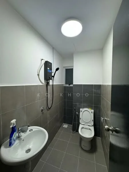 Bathroom features: white ceramic sink, chrome basin mixer faucet, wall-mounted shower head, electric water heater, one-piece toilet, grey tiled walls, grey tiled flooring, window for natural light, ceiling light fixture; style: modern.