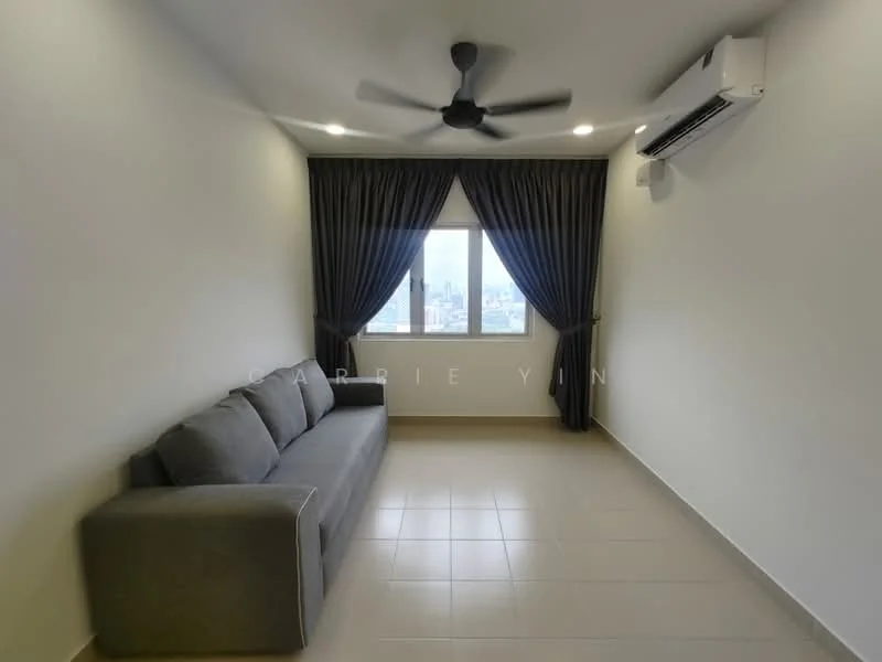 Living features: 3-seater fabric sofa in grey, floor-to-ceiling window, blackout curtains, wall-mounted split AC, recessed LED downlights, light-coloured painted walls, tile flooring, ceiling fan; style: modern; view: city.