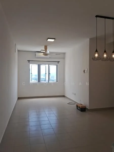 Living features: white painted walls, tile flooring, 5-blade ceiling fan, recessed downlights, hanging pendant lights, floor-to-ceiling windows, window treatments, air conditioning unit; style: modern; view: city.