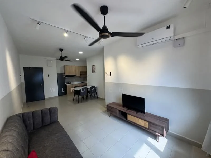 Living features: 3-seater fabric sofa in grey, wall-mounted TV, wooden TV console, ceiling fan with light, recessed LED downlights, air conditioning unit, tile flooring, white painted walls, open layout to kitchen, dining area with chairs; style: modern. Kitchen features: kitchen cabinets, stainless-steel sink, built-in oven, 4-burner gas hob, exhaust hood, countertop space, tile backsplash; style: modern.
