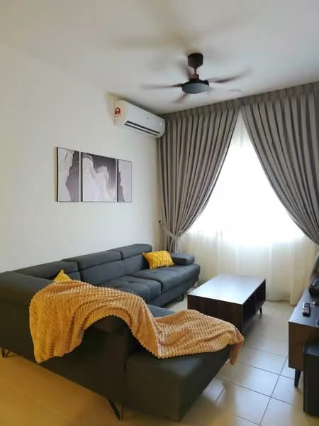 Living features: 3-seater fabric sofa in grey, yellow throw pillow, beige throw blanket, wood coffee table, wall-mounted TV, floor-to-ceiling window, sheer curtains, curtains in grey, wall art with abstract design, 1 wall-mounted split AC, tile flooring; style: modern.