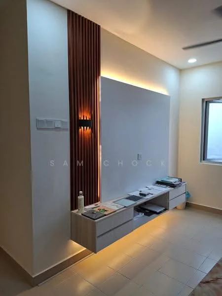 Room features: light wood cabinetry, floating media console, wall-mounted TV, recessed lighting, wood accent wall with lighting, cream painted walls, tile flooring, window with natural light; style: modern.