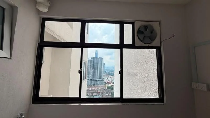Room features: floor-to-ceiling window, black window frame, wall-mounted split AC, white painted walls, city view; view: city.