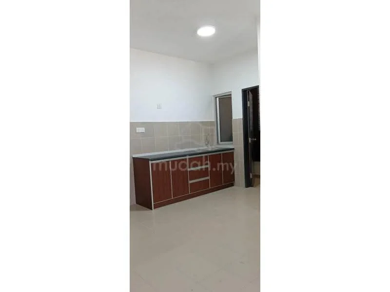 Kitchen features: brown cabinetry, grey countertop, single-bowl stainless-steel sink, chrome faucet, tile backsplash, cream tiled walls, light-colored floor tiles, recessed ceiling light; style: modern.