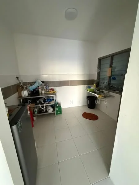 Kitchen features: white painted walls, grey tiled backsplash, light grey floor tiles, stainless-steel fridge, metal shelving unit, sink with faucet, black trash bin, round orange mat, window with blinds; style: modern.