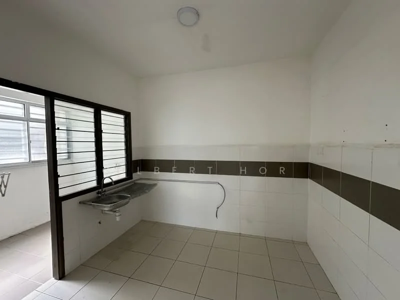 Kitchen features: white painted walls, grey tiled backsplash, white ceramic tile flooring, single-bowl stainless-steel sink, window with metal grilles, countertop with no cabinetry, exposed plumbing, light fixture on ceiling.