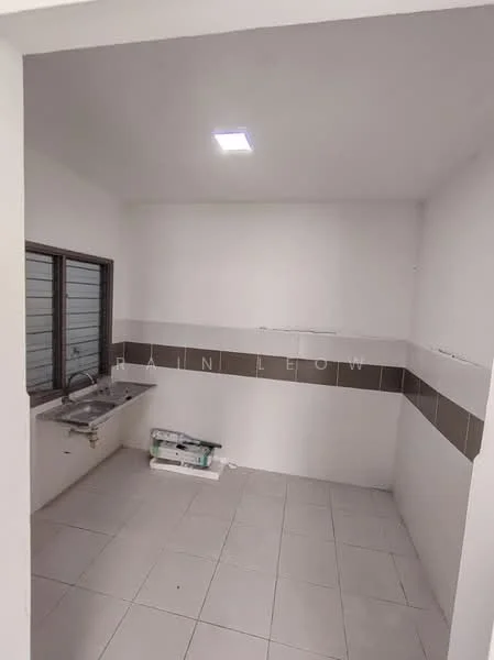 Laundry features: white painted walls, grey tiled backsplash, white floor tiles, single-bowl stainless-steel sink, window with horizontal slats, ceiling light, plumbing fixtures visible, empty space for appliances.