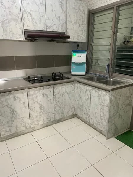 Kitchen features: marble-patterned cabinetry, stainless-steel countertop, double-bowl stainless-steel sink, chrome pull-down faucet, built-in gas hob with two burners, exhaust hood, white tiled flooring, window with louvered shutters, wall-mounted water dispenser; style: modern.