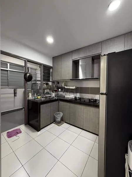 Kitchen features: grey cabinetry, black countertop, stainless-steel fridge, built-in gas hob, extraction hood, double-bowl stainless-steel sink, wall-mounted cabinets, tile flooring, recessed downlights, window with sliding glass, kitchen trash bin, purple mat on floor; style: modern.