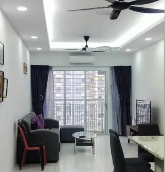 Living features: 5-blade ceiling fan with integrated LED light, recessed downlights, grey fabric 3-seater sofa, 2-seater black leather sofa, glass coffee table, wall-mounted TV, floor-to-ceiling windows, sliding glass door, dark curtains, white painted walls, white tile flooring, air conditioning unit; style: modern; view: city.