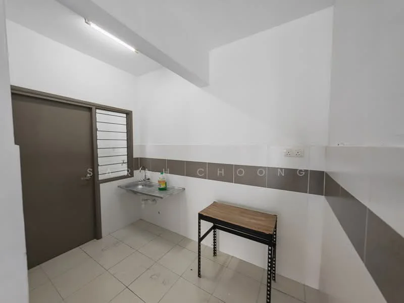 Laundry features: white painted walls, grey tiled backsplash, grey tiled flooring, single-bowl stainless-steel sink, wall-mounted faucet, wooden table, window with metal grille, fluorescent ceiling light.
