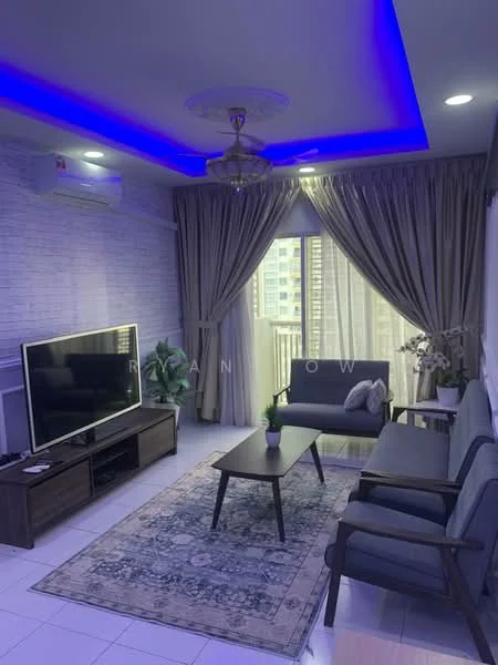 Living features: grey fabric 3-seater sofa, grey fabric 2-seater sofa, wooden coffee table, TV console, wall-mounted TV, area rug with geometric pattern, white painted walls, crown moulding, recessed downlights, ceiling fan with light, floor-to-ceiling windows with sheer curtains, decorative plants in ceramic pots; style: modern; view: city.