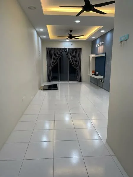 Living features: white painted walls, glossy white tile flooring, tray ceiling with recessed lighting, 2-blade ceiling fan, floor-to-ceiling sliding glass door, dark grey curtains, built-in wall shelf, wall-mounted TV console, LED wall lights; style: modern.