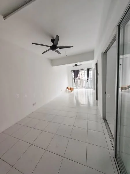 Living features: white painted walls, white tiled flooring, 5-blade ceiling fan, floor-to-ceiling windows, sliding glass door, natural light from windows, curtains, open layout; style: modern; view: city.