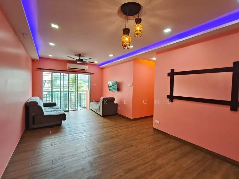 Living features: pink painted walls, laminate flooring, ceiling fan with light, recessed LED downlights, sofa in grey, wall-mounted TV, sliding glass door, floor-to-ceiling windows, balcony view, decorative wall light; style: modern; view: garden.