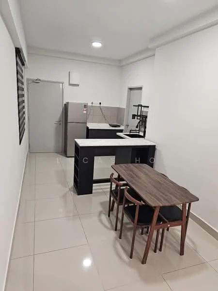 Kitchen features: white painted walls, glossy ceramic tile flooring, marble countertop, stainless-steel fridge, built-in kitchen cabinetry, kitchen island with seating, pendant lighting, window with blinds, dining table with wooden surface, four wooden dining chairs; style: modern.