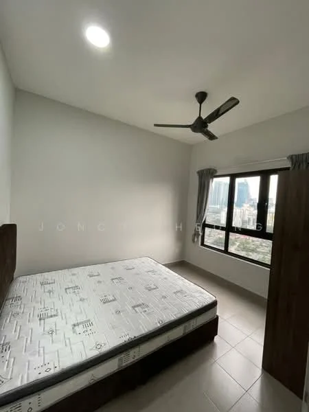 Bedroom features: queen-size bed, wooden bed frame, 5-blade ceiling fan, floor-to-ceiling window, grey curtains, white painted walls, tile flooring, mattress with patterned cover; style: modern; view: city.