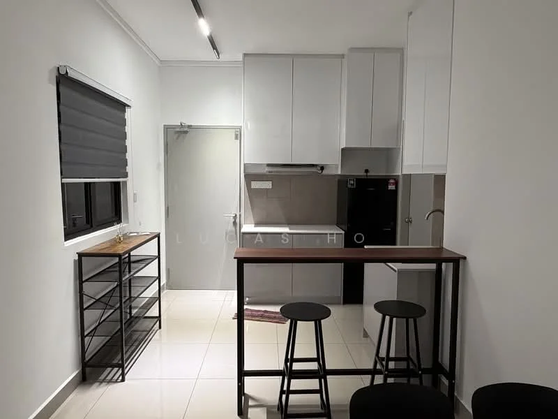 Kitchen features: white cabinetry, black countertop, stainless-steel fridge, built-in oven, ceramic tile flooring, grey backsplash, single-bowl stainless-steel sink, chrome pull-down faucet, 2-bar stools, open shelving, window with roller blinds, light fixture, kitchen island, wall-mounted cabinets; style: modern.