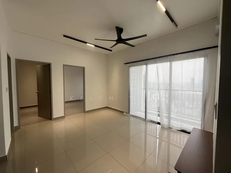 Living features: white painted walls, polished ceramic tile flooring, 5-blade ceiling fan with integrated LED light, floor-to-ceiling windows, sheer curtains, sliding glass door, balcony view, recessed downlights, wooden console table; style: modern; view: city. Room features: grey painted walls, doorway leading to another room.