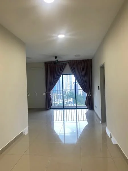 Living features: white painted walls, glossy ceramic tile flooring, recessed downlights, 5-blade ceiling fan, floor-to-ceiling windows, sheer curtains, balcony access, city view; style: modern; view: city.