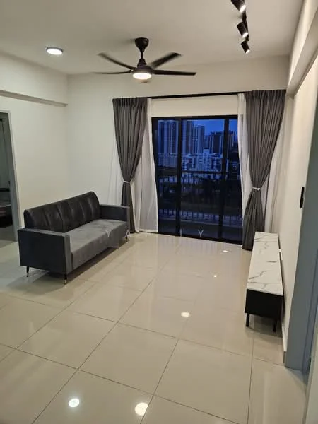 Living features: 3-seater fabric sofa in grey, marble-top coffee table, floor-to-ceiling sliding glass door, curtains in grey, recessed LED downlights, ceiling fan with light, glossy ceramic tile flooring, neutral painted walls; style: modern; view: city.
