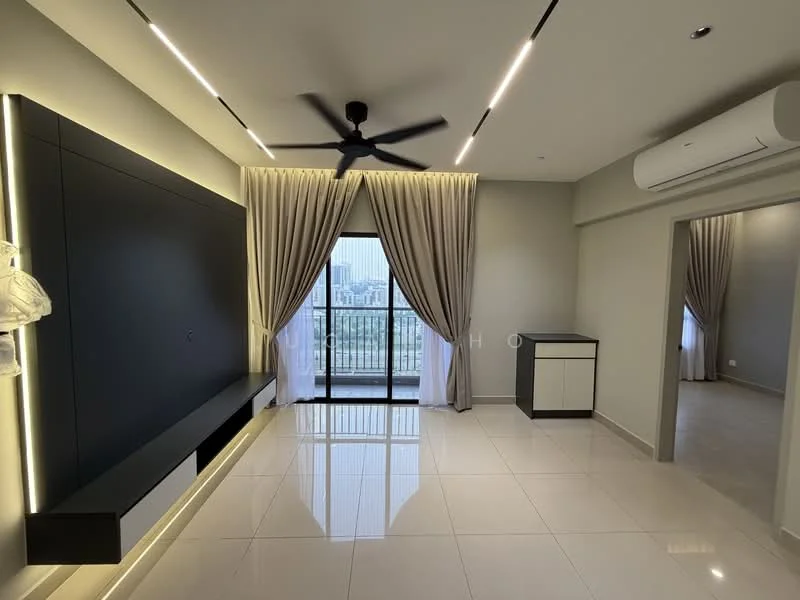 Living features: white painted walls, glossy tile flooring, 5-blade ceiling fan with light, floor-to-ceiling windows, sheer curtains, black feature wall with integrated lighting, built-in TV console, air conditioning unit; style: modern; view: city.