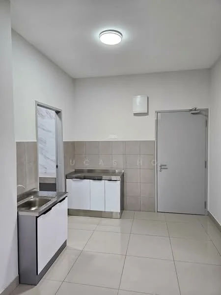 Kitchen features: single-bowl stainless-steel sink, chrome pull-down faucet, white cabinetry, grey tiled backsplash, light-coloured wall tiles, cream painted walls, recessed ceiling light, ceramic tile flooring, built-in countertop, mirror above sink, door to hallway; style: modern.