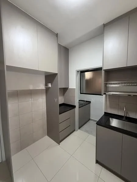 Kitchen features: grey cabinetry, black countertop, stainless-steel sink, chrome faucet, tile backsplash, white tiled walls, white floor tiles, built-in oven, refrigerator, open shelving, drawer storage, window with frosted glass, under-cabinet lighting; style: modern.
