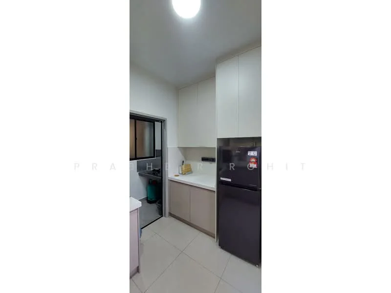 Kitchen features: white cabinets, grey lower cabinets, black fridge, stainless-steel sink, chrome pull-down faucet, white countertop, ceramic tile flooring, recessed ceiling light, wall-mounted cabinets, window above sink, kitchen appliances, open shelving; style: modern.