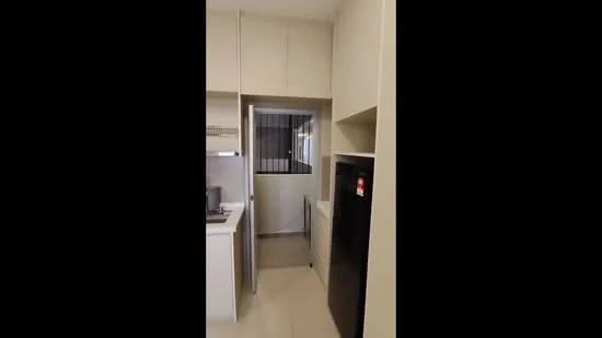 Kitchen features: light beige cabinetry, white countertop, stainless-steel sink, built-in oven, fridge, ceramic tile flooring, wall-mounted shelves, window with security bars, open layout, kitchen island; style: modern.