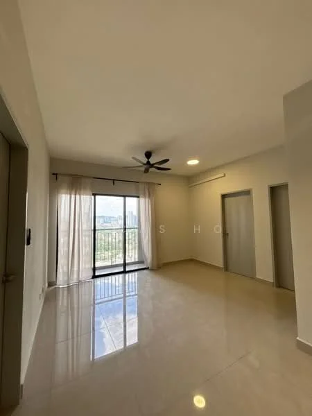 Living features: white painted walls, polished ceramic tile flooring, 5-blade ceiling fan with light, floor-to-ceiling sliding glass door, sheer curtains, balcony access, natural light from windows, neutral color scheme; style: modern; view: city.