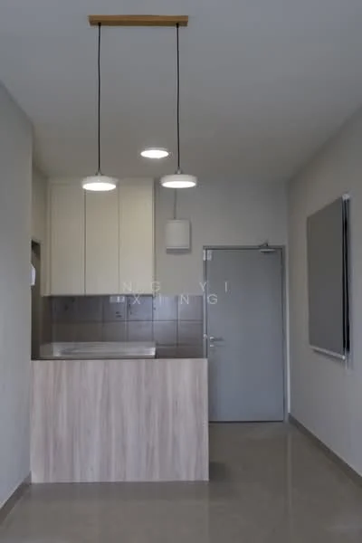 Kitchen features: light wood cabinetry, grey tiled backsplash, white countertop, single-bowl stainless-steel sink, chrome pull-down faucet, 3 pendant lights, grey ceramic tile flooring, wall-mounted door, window with roller blinds; style: modern.