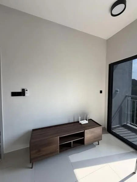 Room features: light grey painted walls, white ceiling, floor-to-ceiling glass door, sliding glass door, white floor tiles, wooden TV console, wireless router on console, black wall switch, black wall socket, minimalist design; style: modern.