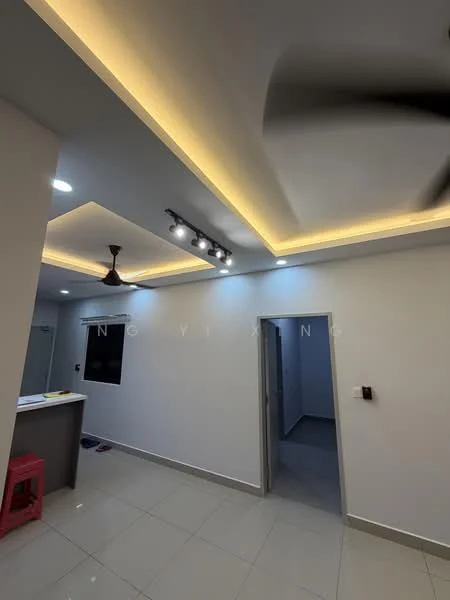 Room features: white painted walls, ceiling with recessed lighting, 5-blade ceiling fan, tile flooring, doorway leading to another room, kitchen counter, track lighting, lighted ceiling, window opening, neutral color scheme; style: modern.