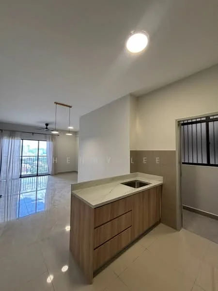 Kitchen features: single-bowl stainless-steel sink, chrome pull-down faucet, laminate countertop, wood cabinetry with horizontal handles, recessed downlights, marble tile flooring, open layout, floor-to-ceiling windows, sheer curtains; style: modern; view: city. Living features: 3-blade ceiling fan, marble tile flooring, open layout, floor-to-ceiling windows, sheer curtains; style: modern; view: city.