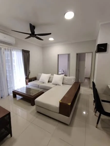 Living features: L-shape sectional sofa in white, wooden coffee table, ceiling fan with light, wall-mounted clock, floor-to-ceiling windows with sheer curtains, light-colored walls, glossy tile flooring, recessed ceiling lights; style: modern.