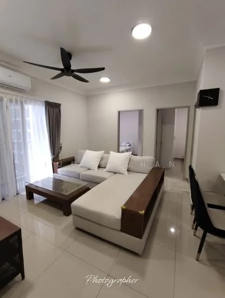 Living features: L-shape sectional sofa in light grey, coffee table with glass top, 2 white throw pillows, ceiling fan with light, wall-mounted air conditioning unit, floor-to-ceiling windows with sheer curtains, light-coloured walls, glossy tile flooring; style: modern.