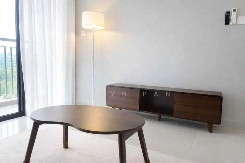 Living features: light grey painted walls, white sheer curtains, floor-to-ceiling windows, modern floor lamp, wooden coffee table, low-profile wooden TV console, polished ceramic tile flooring, neutral area rug; style: modern; view: garden.
