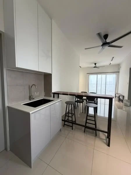 Kitchen features: white cabinetry, black countertop, single-bowl stainless-steel sink, chrome pull-down faucet, stainless-steel appliances, tile backsplash, bar counter with stools, recessed downlights, floor-to-ceiling windows, sliding glass door, light-colored tile flooring, ceiling fan; style: modern; view: garden.