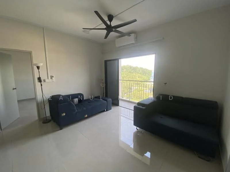 Living features: 2-seater fabric sofa in navy blue, 3-seater fabric sofa in navy blue, ceiling fan, floor-to-ceiling window, sliding glass door, white painted walls, glossy tile flooring, air conditioning unit; style: modern; view: garden.