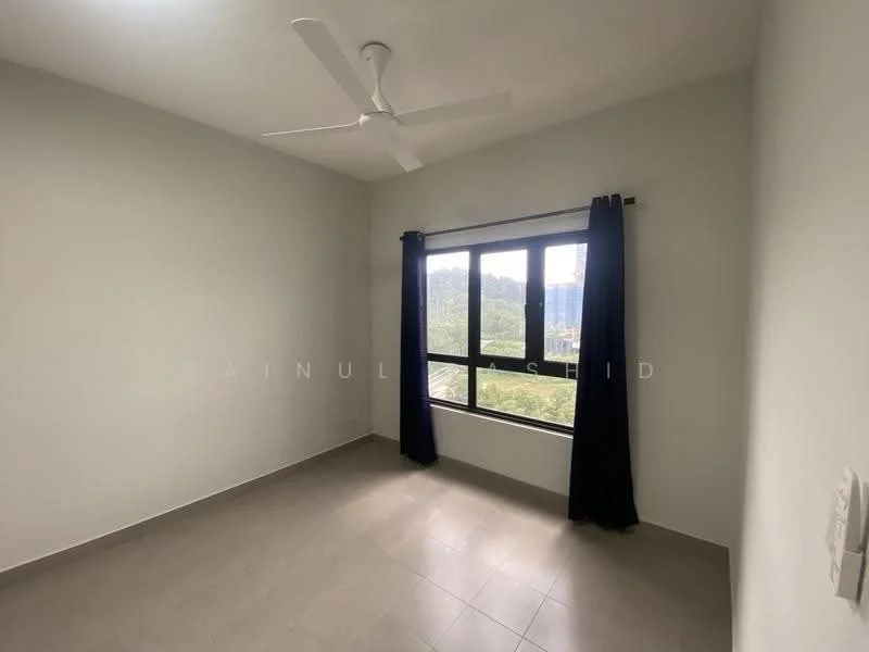 Room features: white painted walls, grey tiled flooring, floor-to-ceiling windows, blackout curtains, ceiling fan; view: garden.