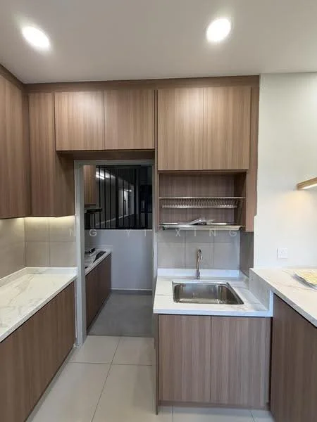 Kitchen features: brown wooden cabinetry, white marble countertop, single-bowl stainless-steel sink, chrome pull-down faucet, built-in oven, 4-burner gas hob, tile backsplash, recessed downlights, neutral tile flooring, open shelving, kitchen island; style: modern.